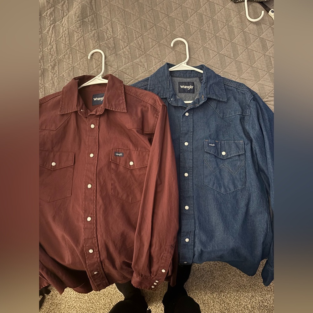 Two wrangler pearl snap shirts M